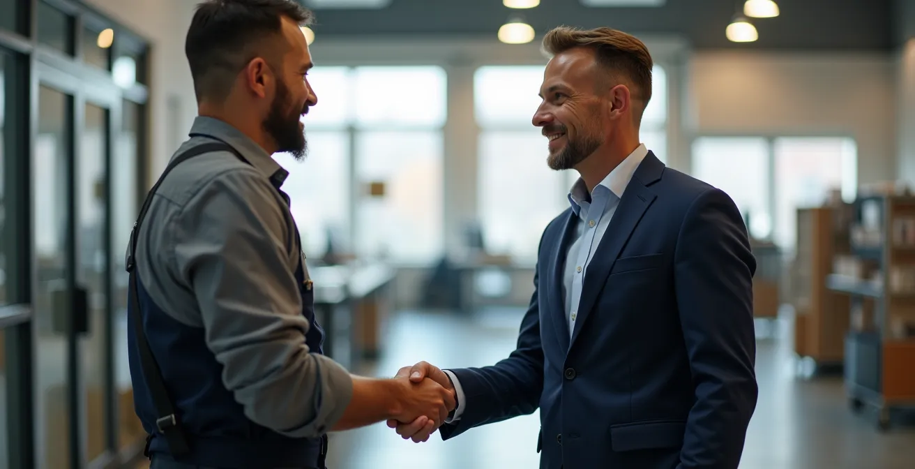 Poignée de main professionnelle symbolisant le partenariat entre installateur et fabricant