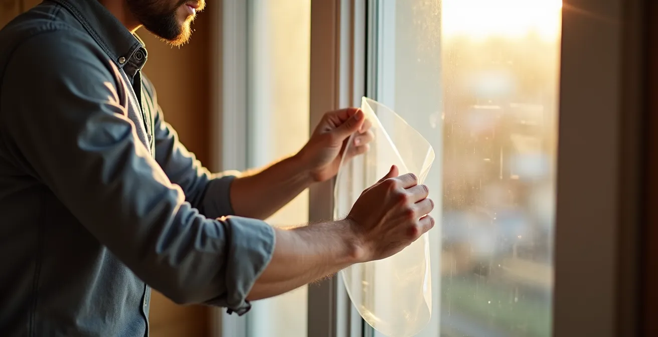 Personne installant un film isolant temporaire sur une fenêtre
