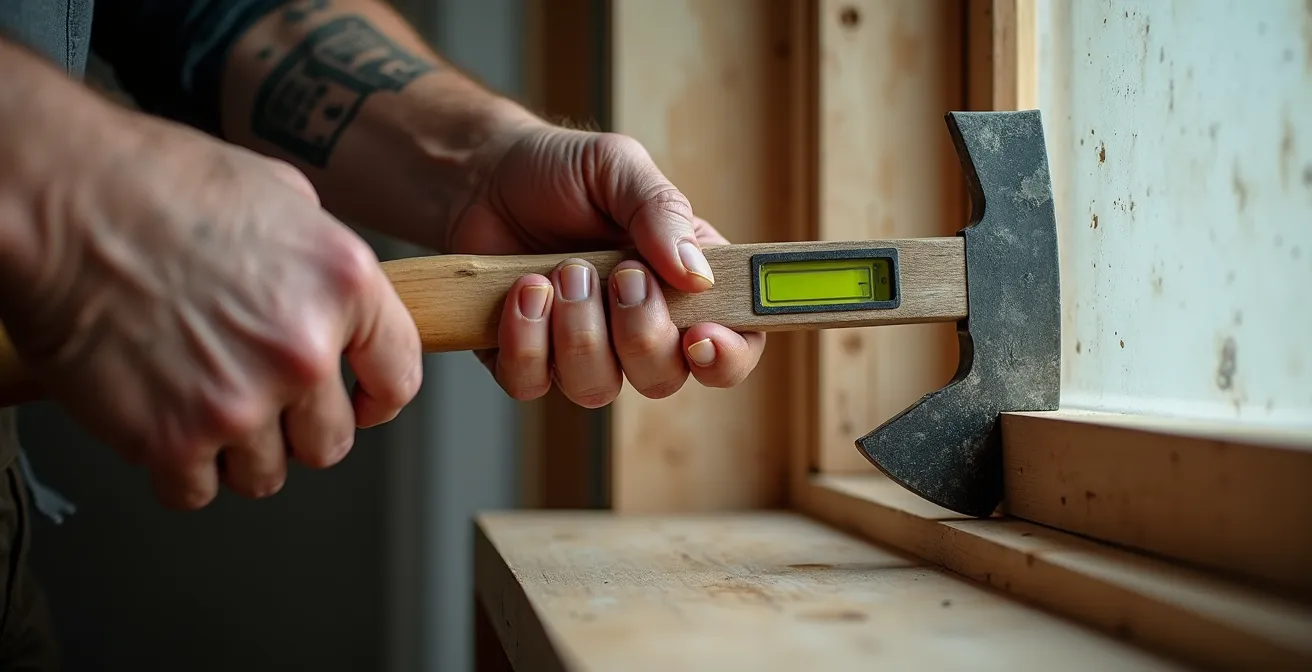 Gros plan sur les mains d'un professionnel vérifiant le niveau d'un cadre de fenêtre