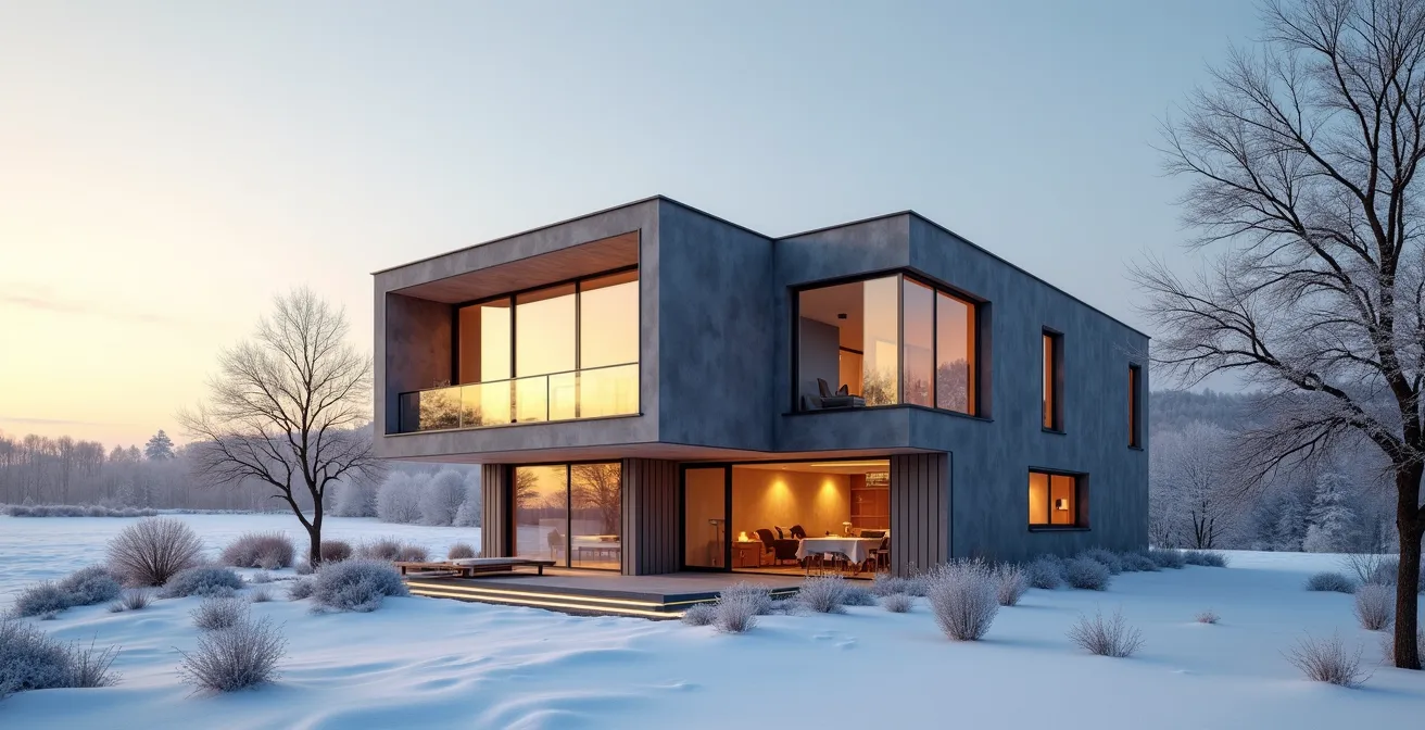 Vue large d'une maison moderne avec fenêtres performantes en hiver