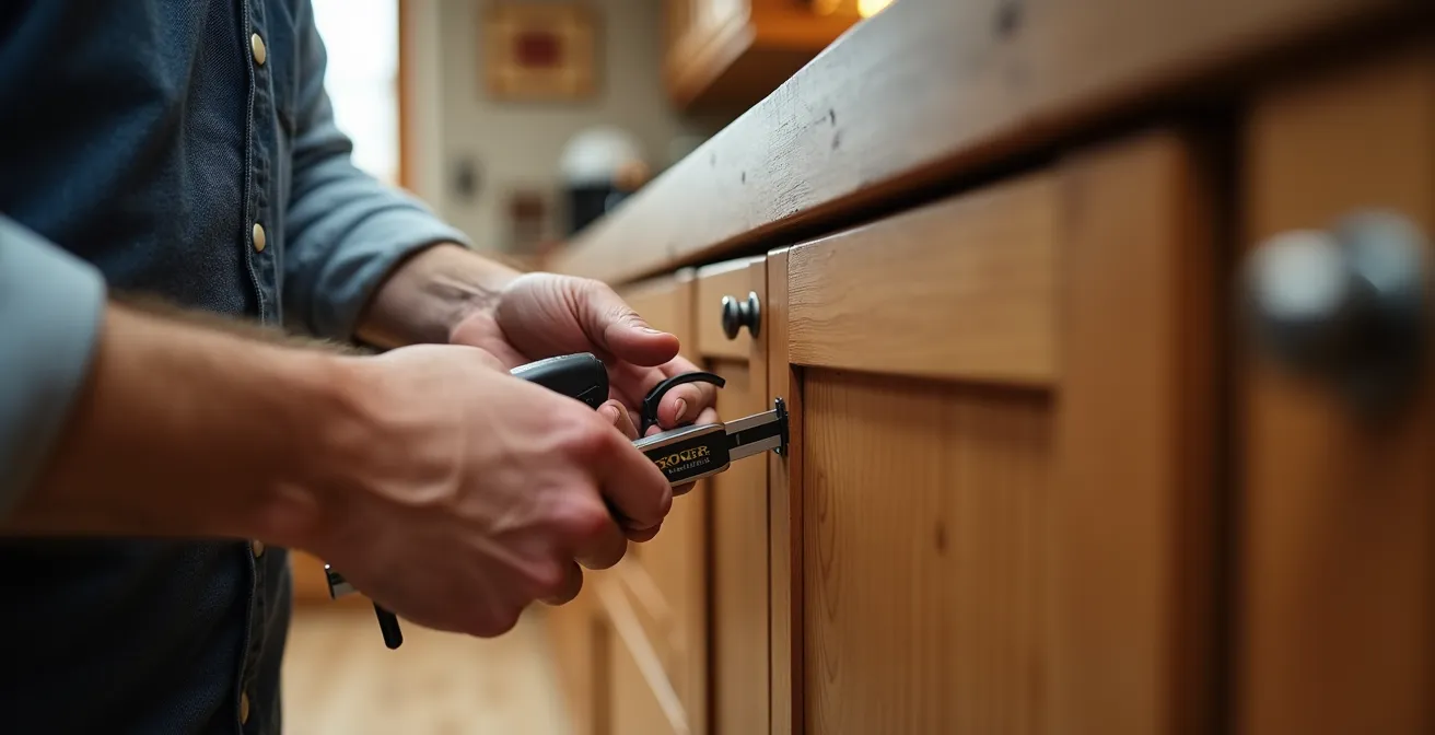 Mains d'artisan vérifiant les détails de finition d'un meuble de cuisine