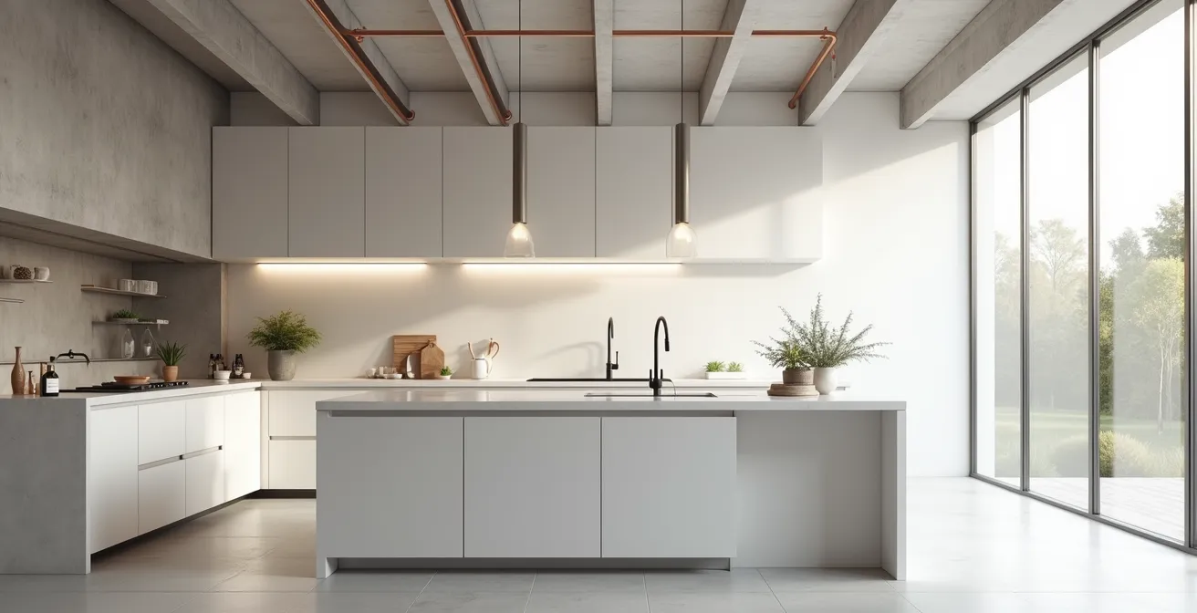 Vue large d'une cuisine moderne avec îlot central dans un espace lumineux