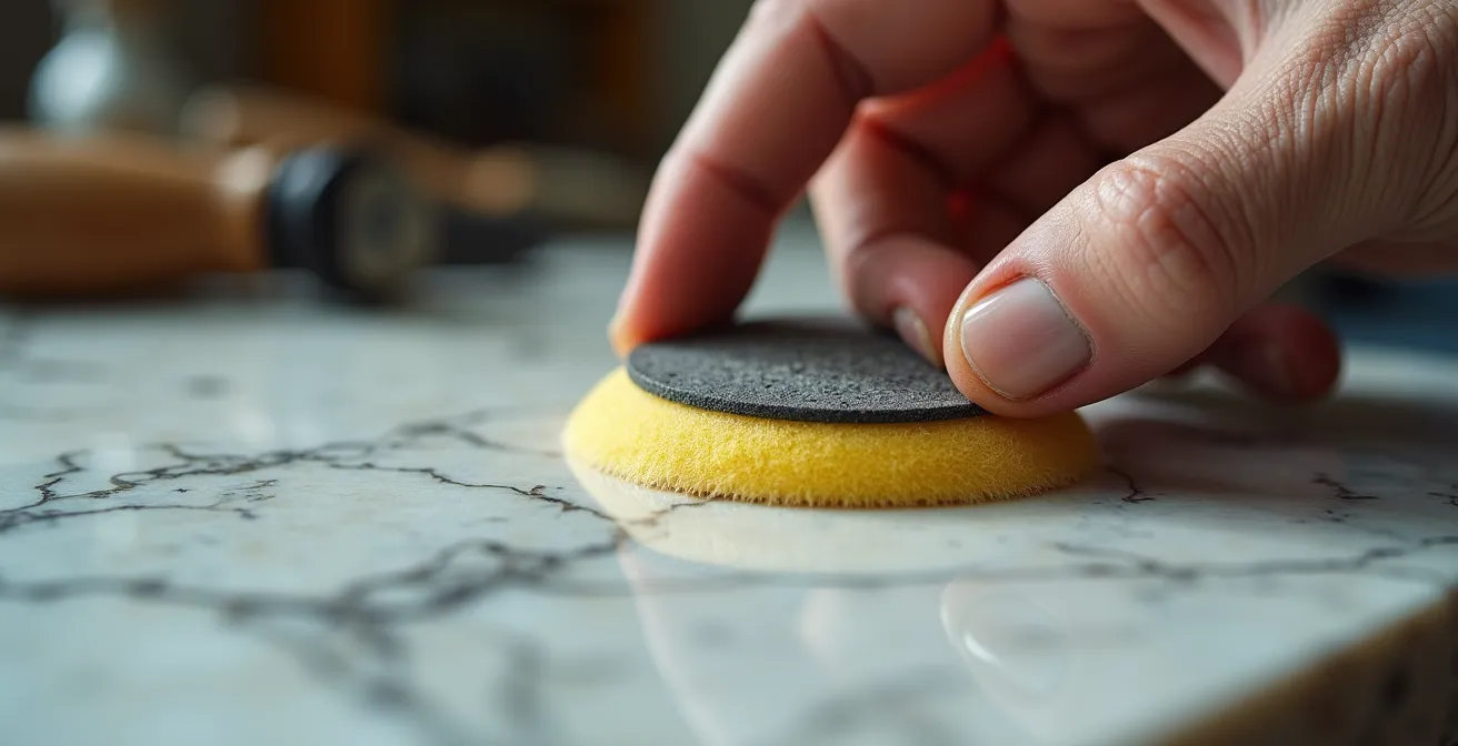 Gros plan sur une main d'artisan polissant un plan de travail en marbre avec reflets lumineux