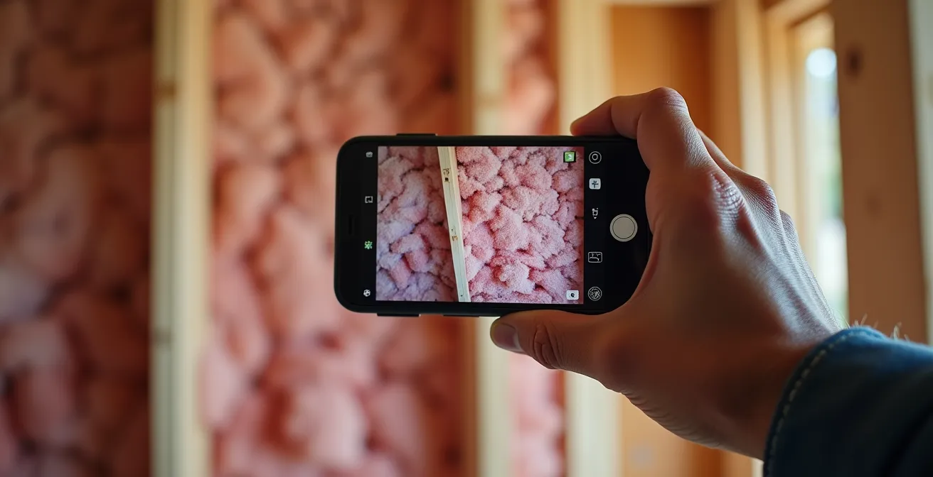 Gros plan sur main tenant smartphone documentant l'isolation dans un mur ouvert