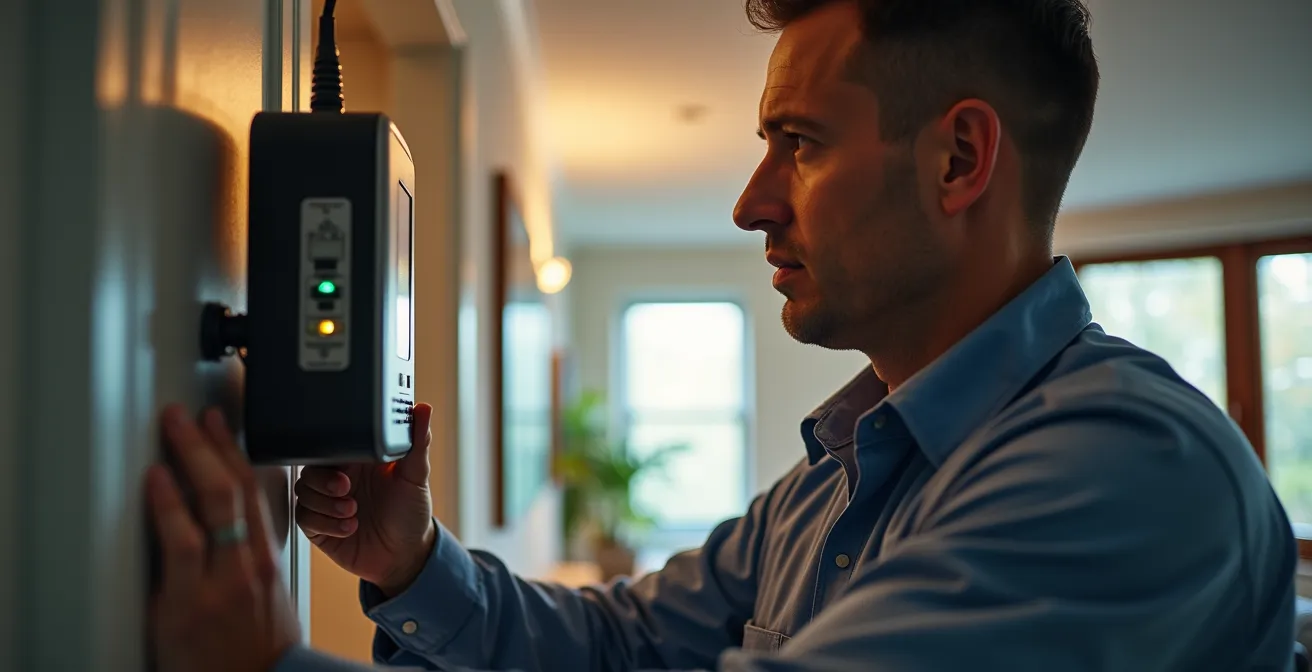 Technicien effectuant un test d'étanchéité avec équipement spécialisé