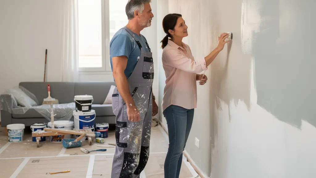 Artisan peintre discutant avec une propriétaire dans un salon en rénovation