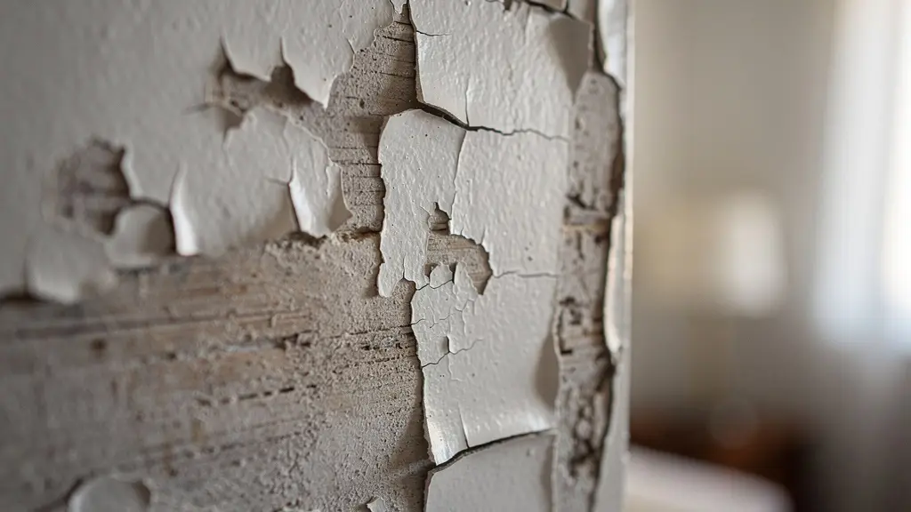 Mur intérieur avec peinture écaillée montrant un défaut de pose
