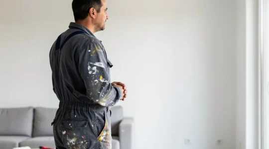Peintre professionnel observant un mur fraîchement peint dans un salon lumineux