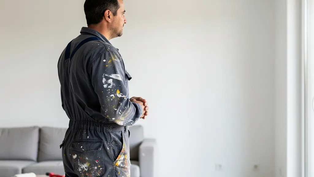 Peintre professionnel observant un mur fraîchement peint dans un salon lumineux
