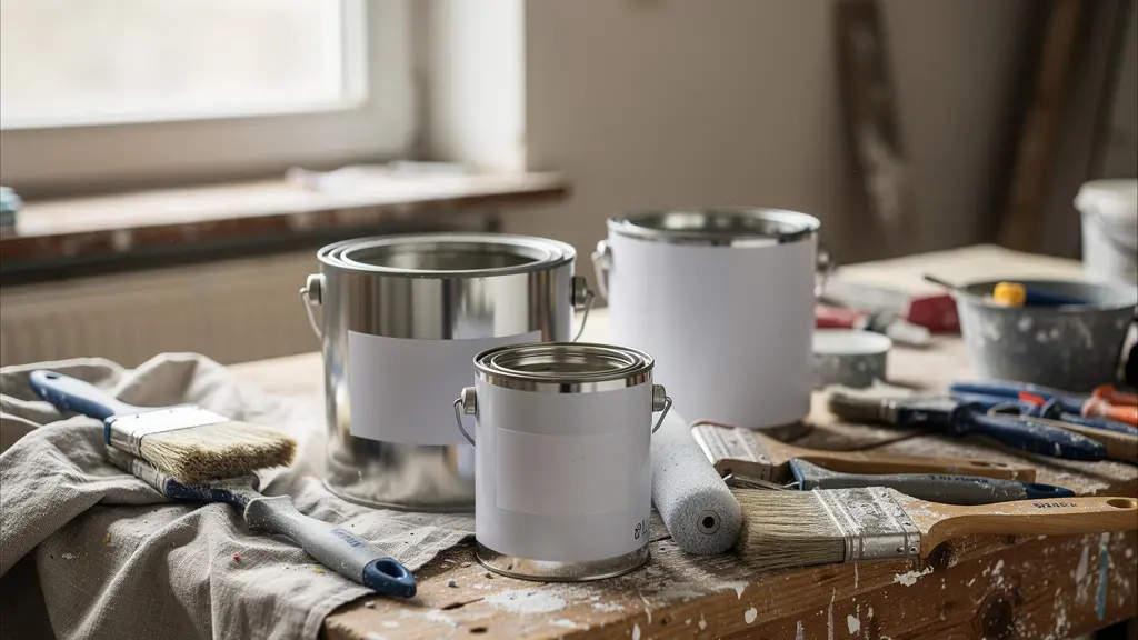 Pots de peinture professionnelle et outils sur un établi de chantier