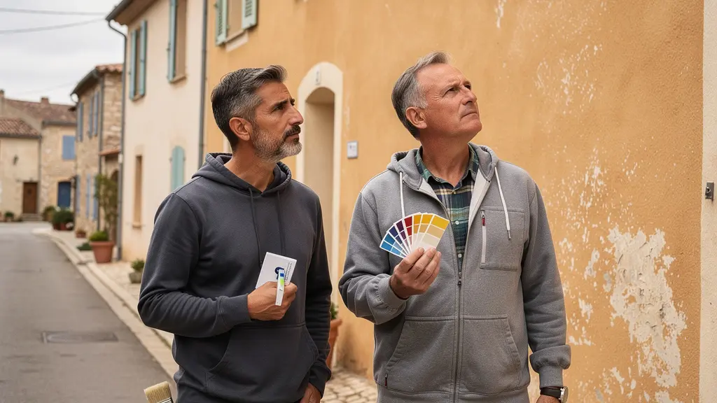 Propriétaire et peintre discutant devant une façade de maison provençale