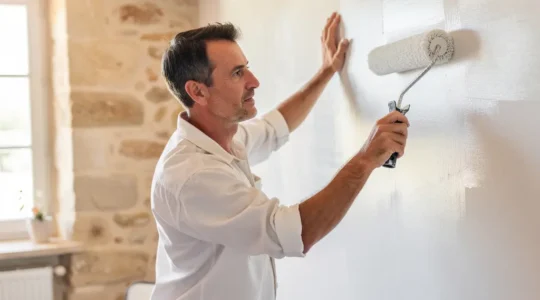 Peintre professionnel appliquant une couche de peinture au rouleau dans un appartement avignonnais