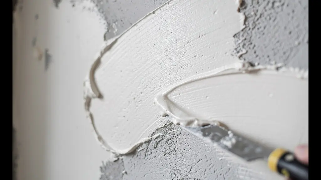 Détail de préparation de mur avec enduit et spatule sur chantier de rénovation