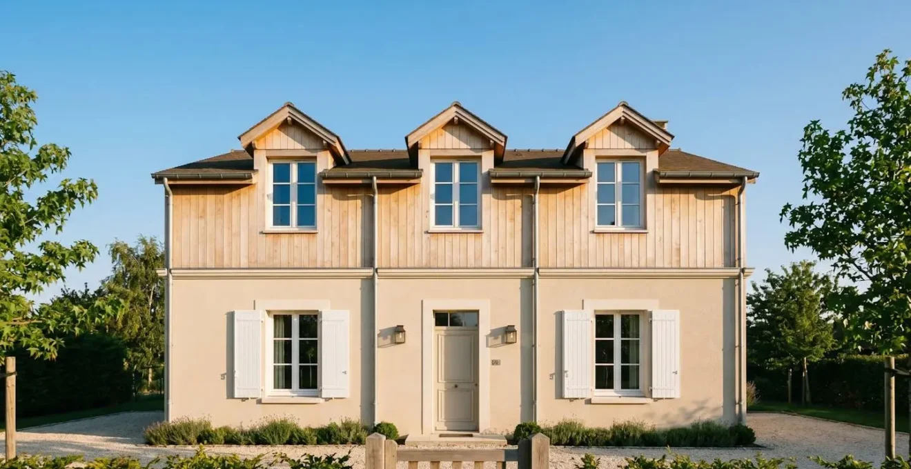 Maison avec surélévation moderne en bois sur rez-de-chaussée traditionnel, vue en contre-plongée sur ciel bleu