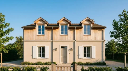 Maison avec surélévation moderne en bois sur rez-de-chaussée traditionnel, vue en contre-plongée sur ciel bleu