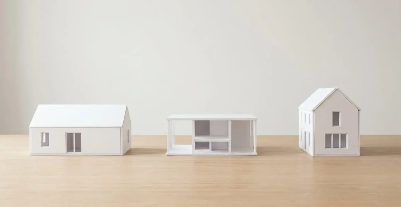 Trois maquettes architecturales blanches de maisons différentes alignées sur table en bois pour comparaison
