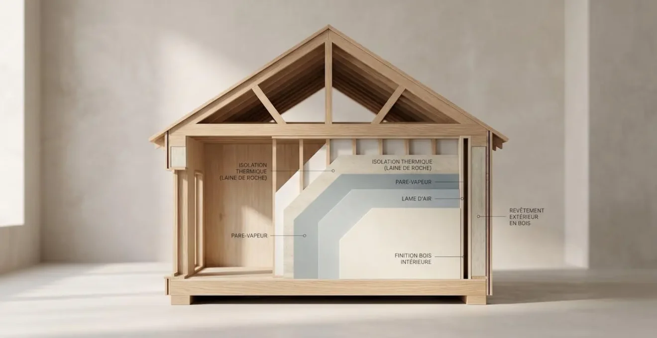 Maquette architecturale en coupe d'une maison montrant les couches d'isolation thermique stratifiées, éclairée par une lumière naturelle douce dans une composition minimaliste aux tons neutres