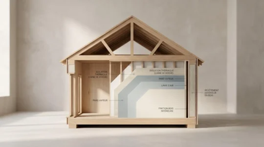 Maquette architecturale en coupe d'une maison montrant les couches d'isolation thermique stratifiées, éclairée par une lumière naturelle douce dans une composition minimaliste aux tons neutres