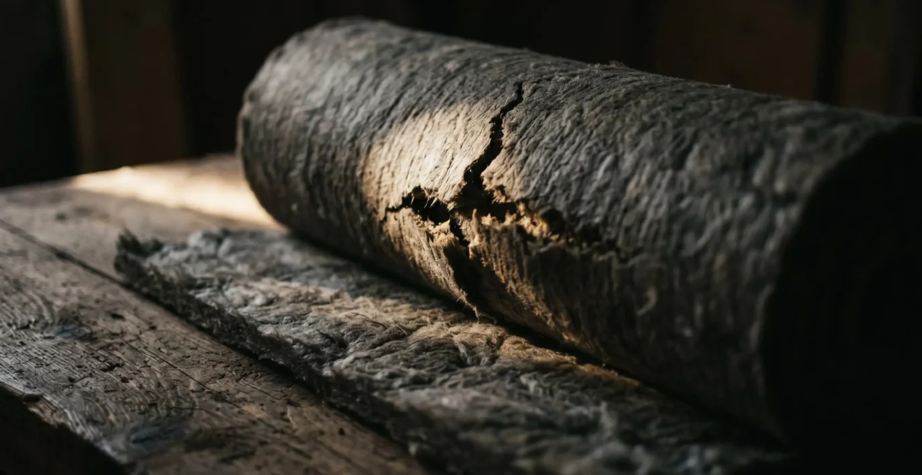 Photographie en clair-obscur d'un rouleau d'isolant partiellement déroulé présentant une fissure visible au centre, posé sur une surface en bois brut avec éclairage latéral dramatique créant de fortes ombres