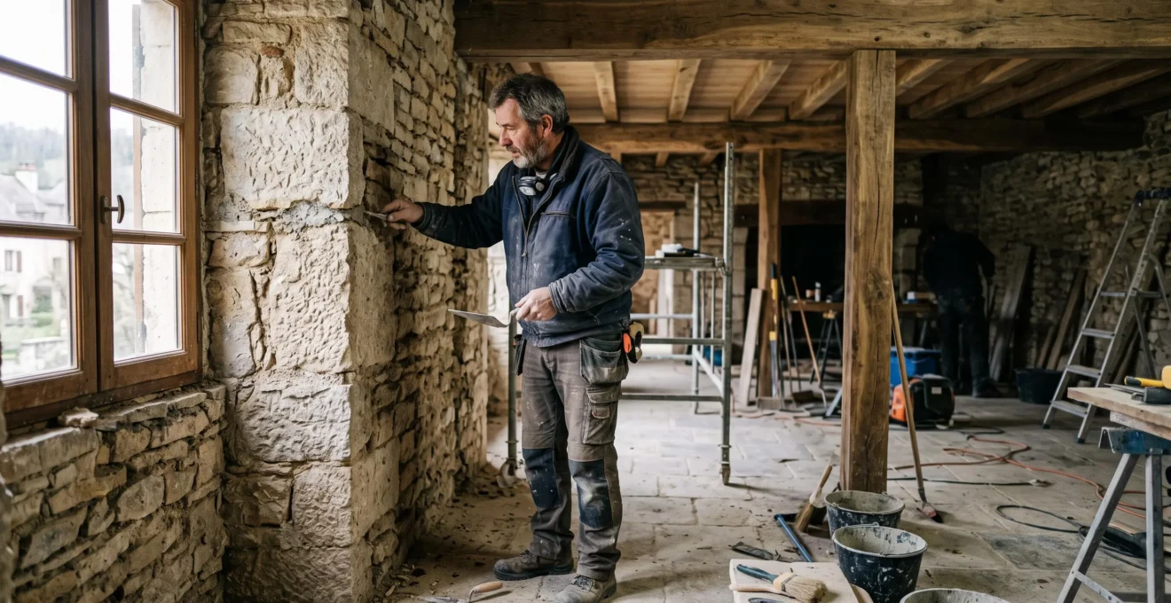 Artisan inspectant un mur en pierre apparente lors de la rénovation d'une maison ancienne