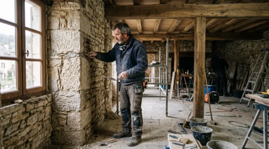 Artisan inspectant un mur en pierre apparente lors de la rénovation d'une maison ancienne