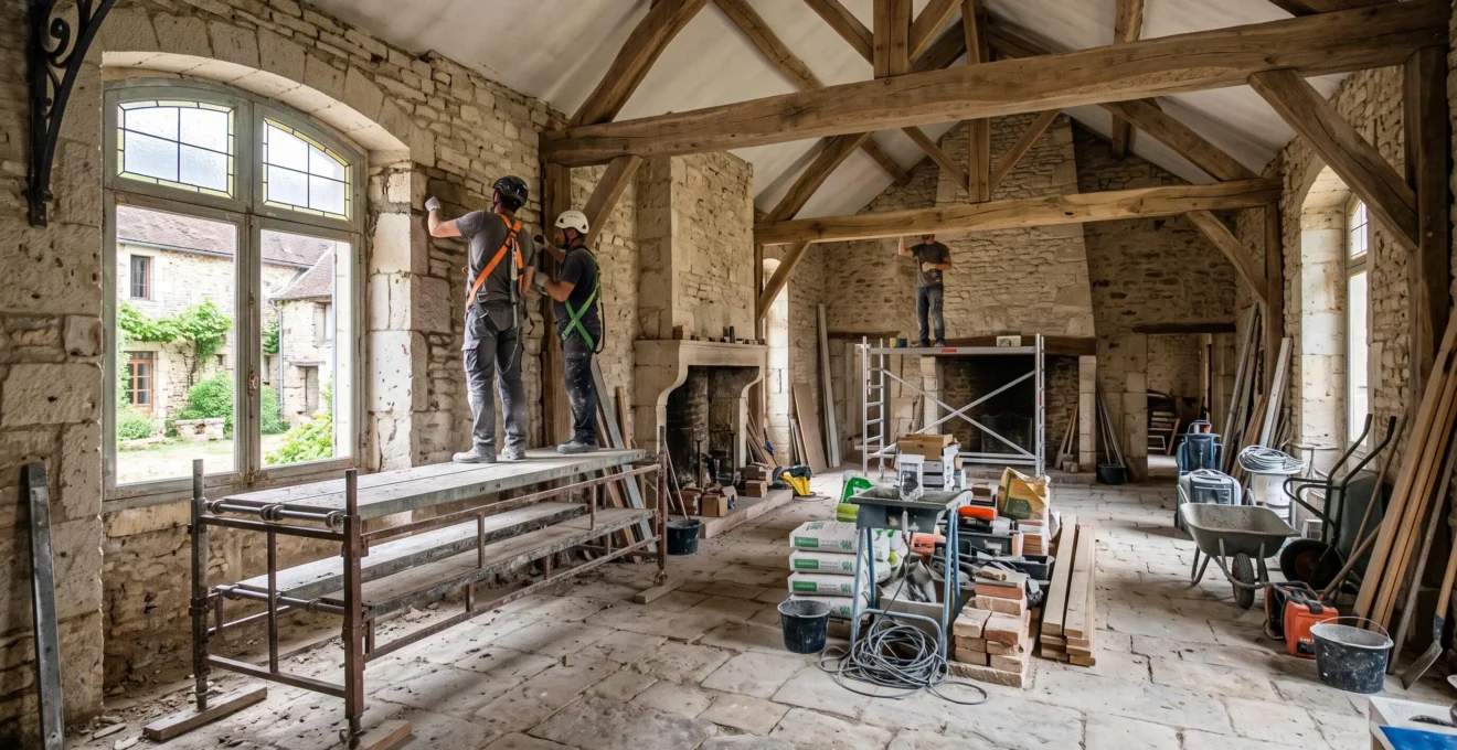 Chantier de rénovation en cours dans une maison ancienne montrant l'organisation des travaux et les matériaux
