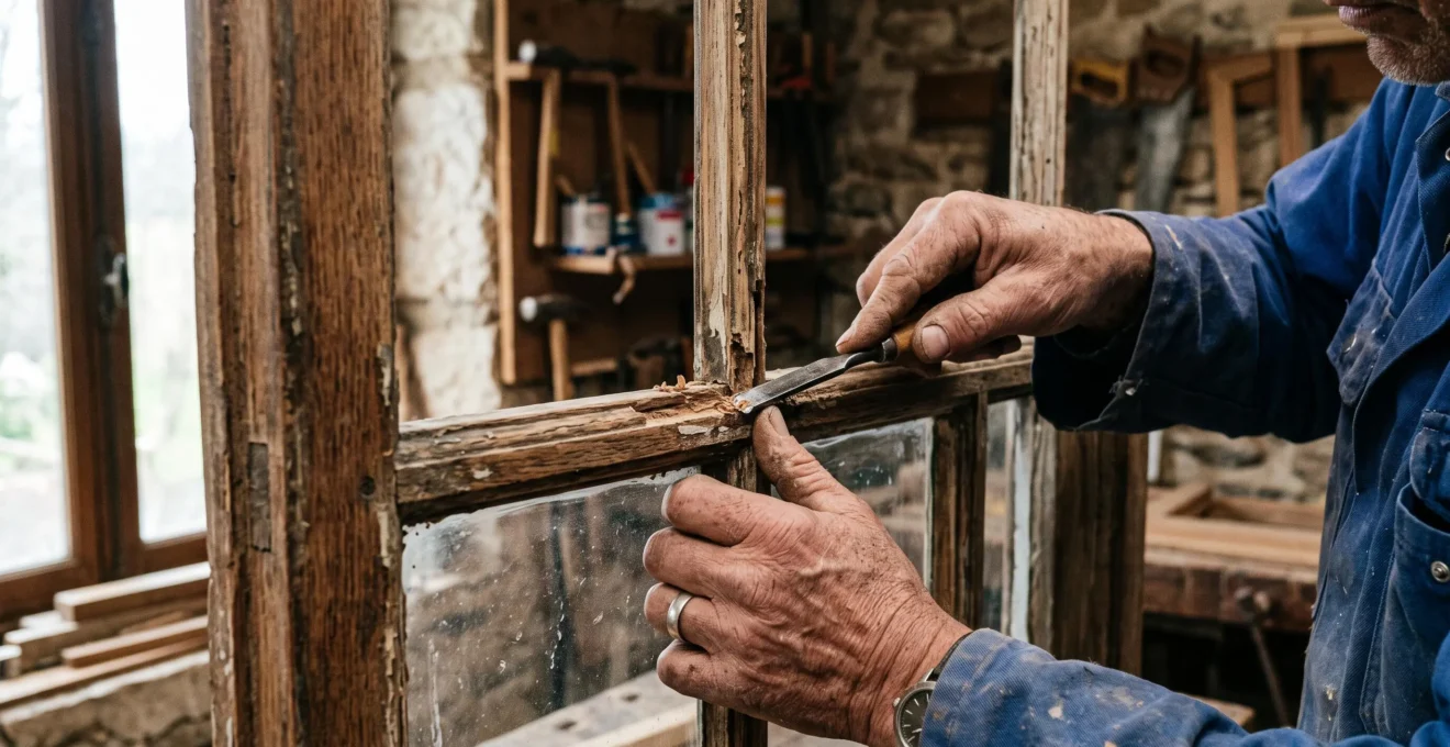 Mains d'artisan restaurant avec précision une menuiserie ancienne en bois
